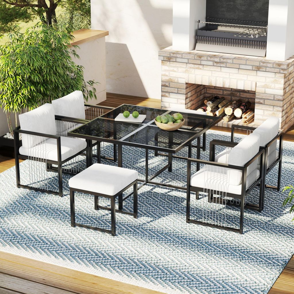 MODFU Garten-Lounge-Set Gartenmöbel -Set, Gartenstuhl 7er set Esstisch und Stuhlset für 6 Personen,mit Sitzkissen und Rückenkissen ,Schwarz+ W...