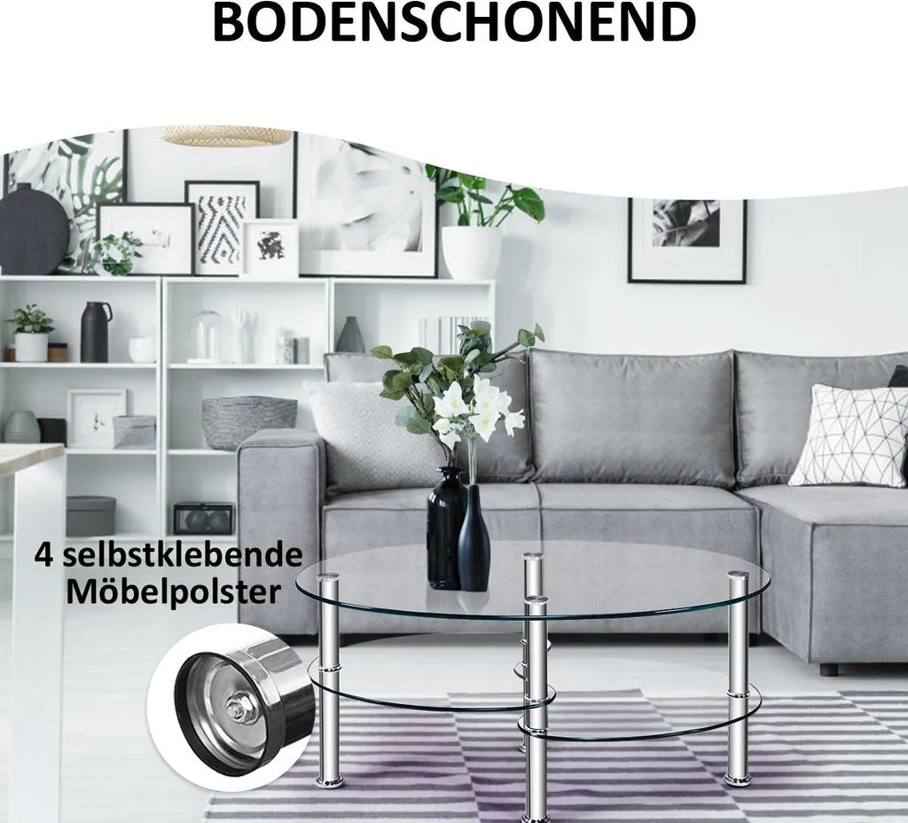 Table basse ovale à trois niveaux en verre moderne avec étagère double