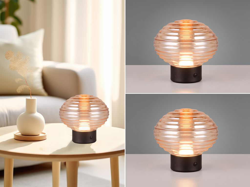 2er Set Retro Akku Tischlampen ohne Kabel mit Glasschirm Bernstein, Höhe 14cm