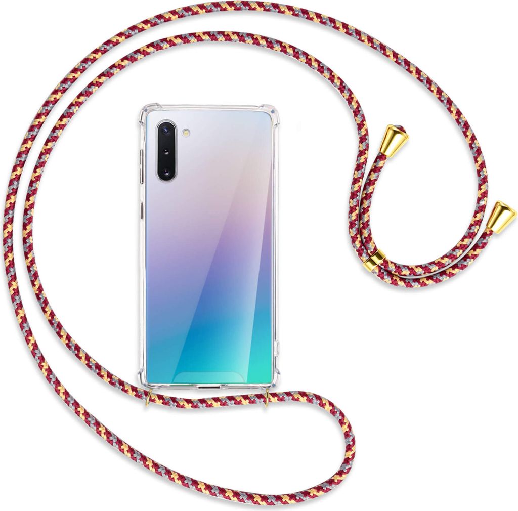 Handykette Backcover-Schutzhülle mit Band (Metall goldfarben) für Samsung Galaxy Note 10 (N970) - weinrot/gelb/grau