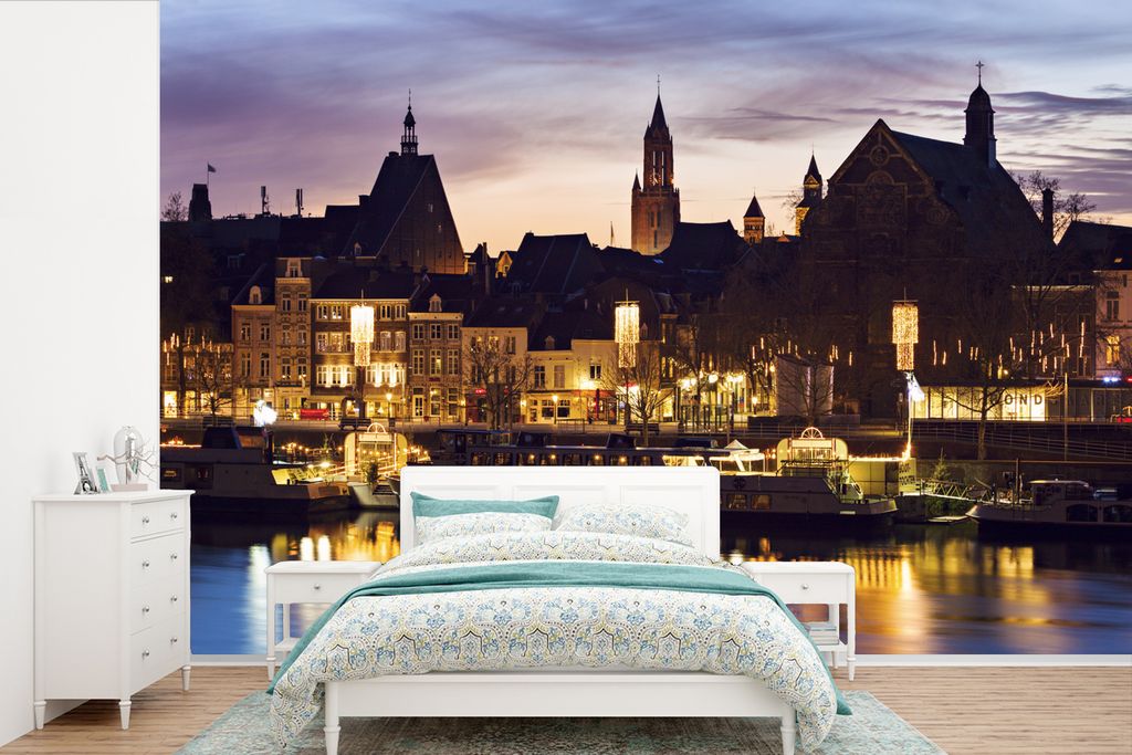 MuchoWow Fototapete für Wohnzimmer oder Schlafzimmer Wandtapete Vinyl Motivtapete Licht - Wasser - Maastricht - 360x240 cm - Vinyl-Tapete