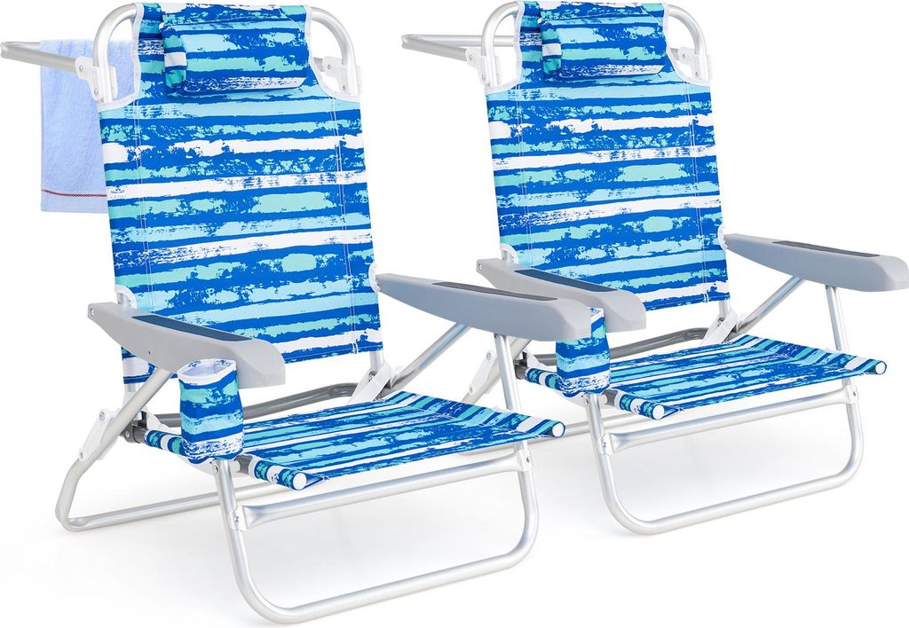 COSTWAY Strandstühle 2er Set klappbar, Campingstühle mit verstellbarer Rückenlehne, Kopfstütze & Getränkehalter, Klappstühle bis 150kg Blau