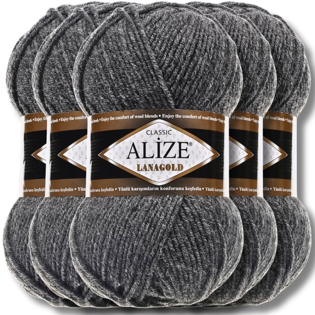 Alize 5x 100g Lanagold Wolle, Uni, Häkeln, Stricken (Medium Grey Melange | 182)