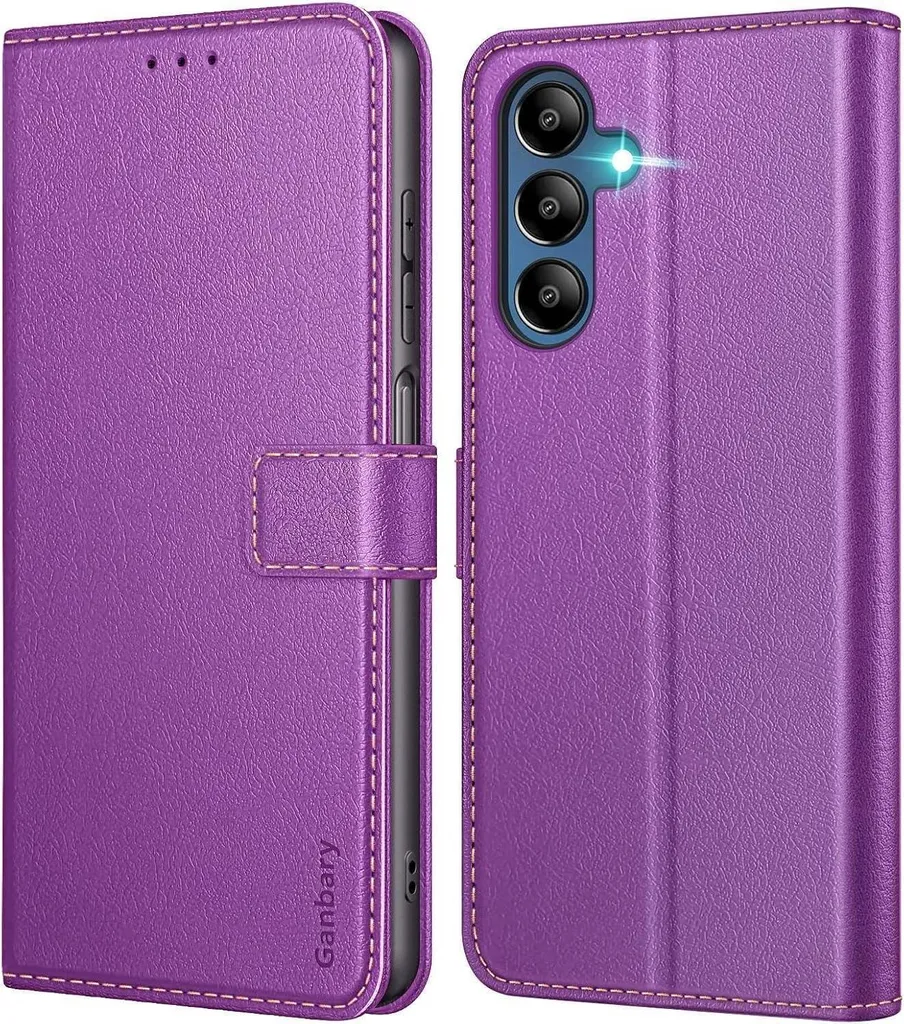 Housse de protection Samsung A15 violette style portefeuille en cuir