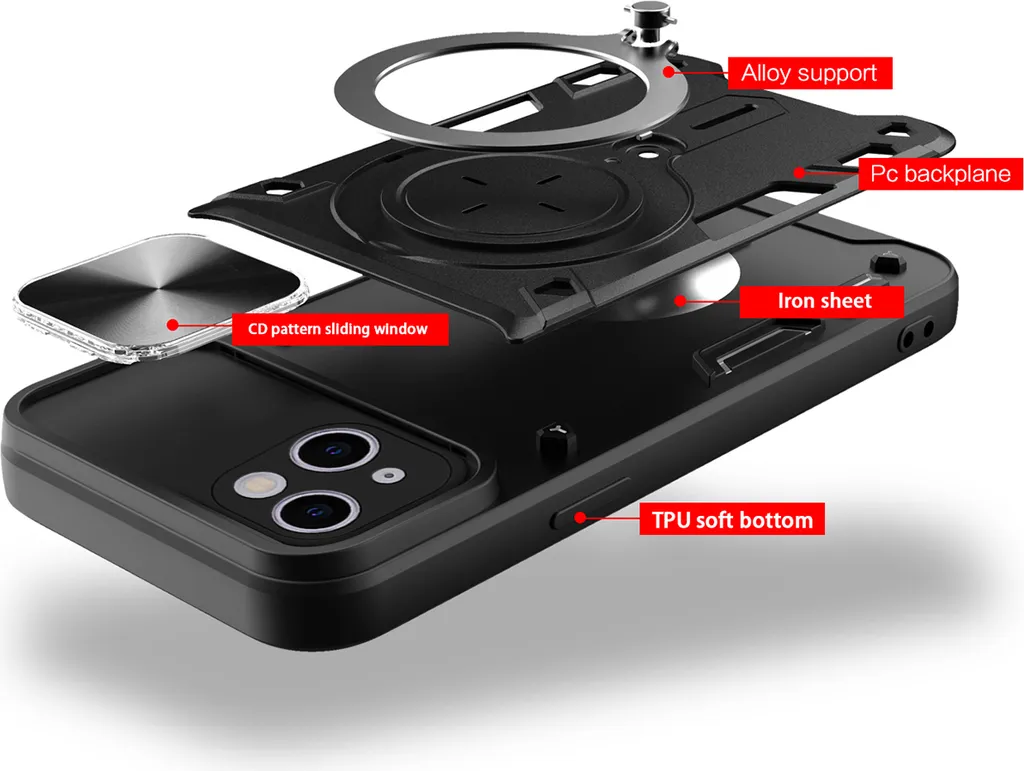 Custodia per iPhone 13 Custodia resistente a doppio strato con copertura della fotocamera e supporto ad anello rosso - 4
