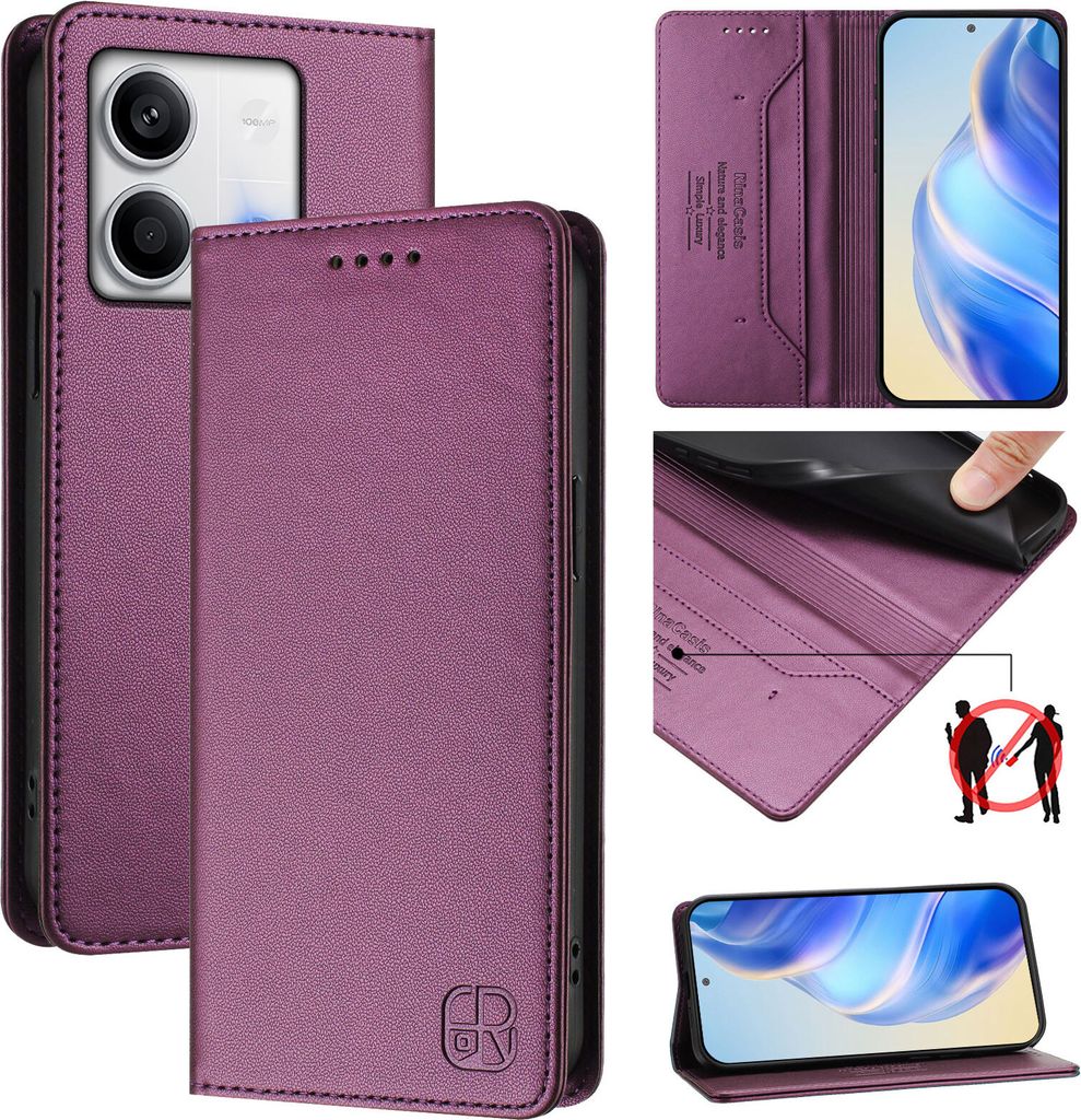 Lederhülle für Xiaomi Redmi Note 13 5G Hülle Flip Brieftasche Kartenfächern Ständer Schutzhülle Lila