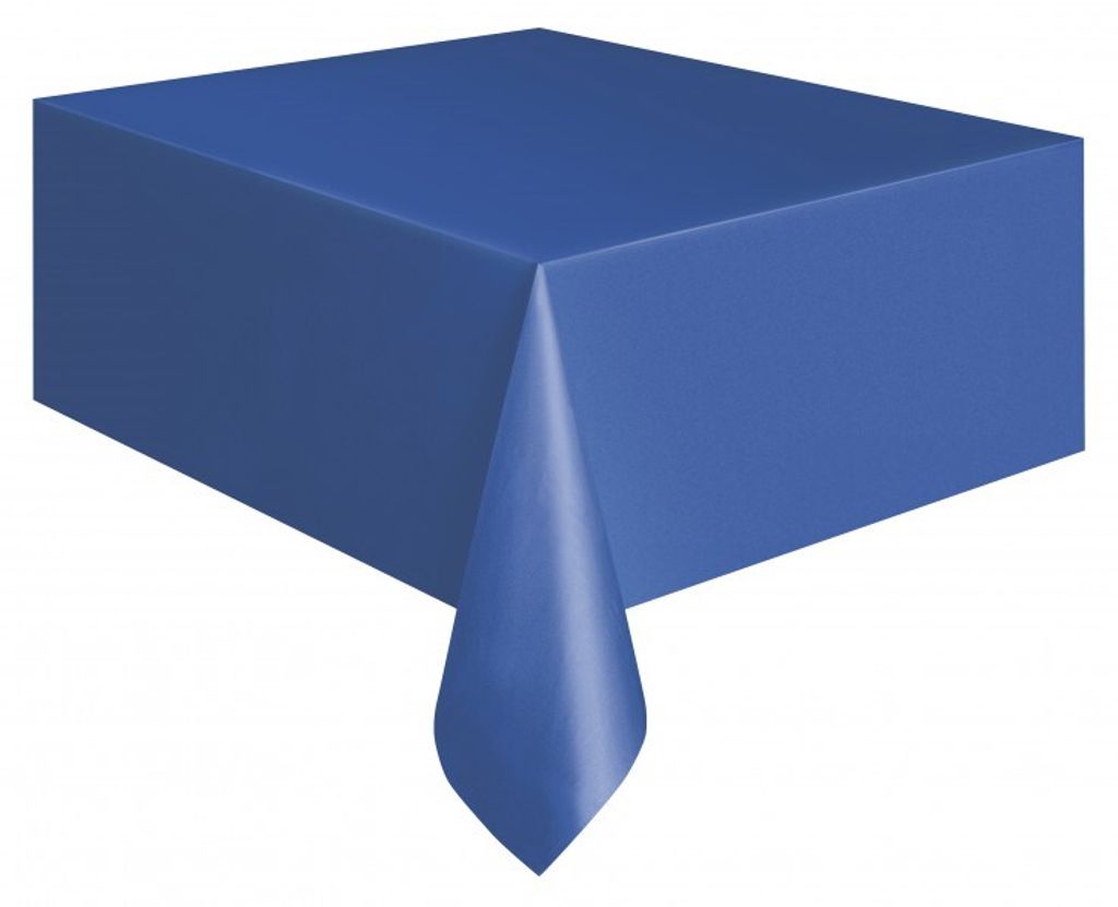 A blue tablecloth draped over a table, with one corner hanging down.