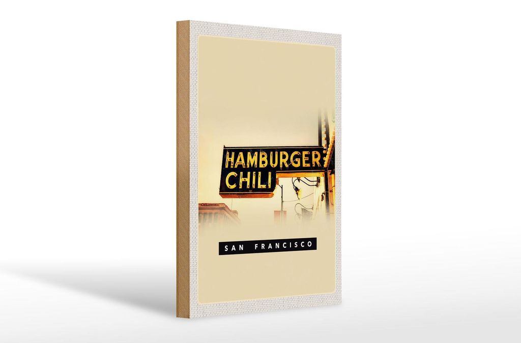 Holzschild Reise 20x30cm San Francisco Hamburger Chili Essen