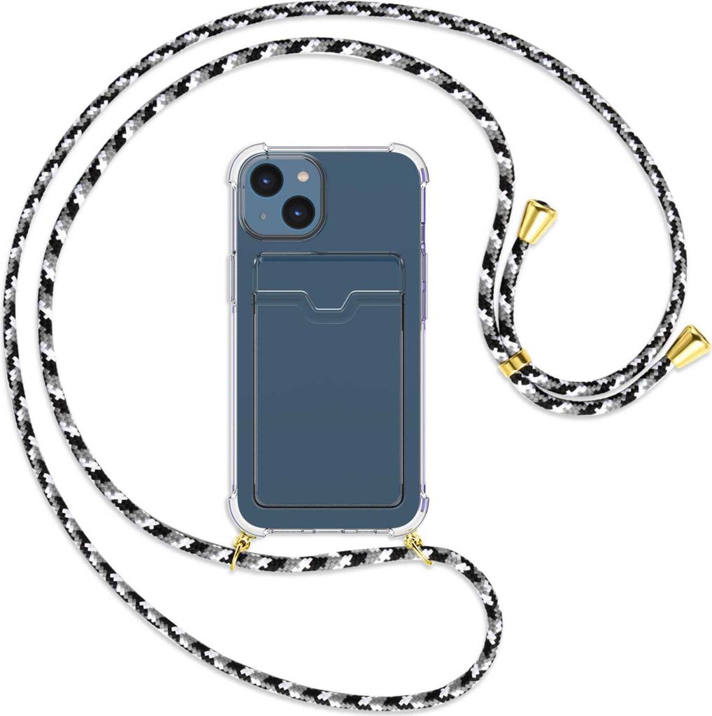 Handykette Backcover-Schutzhülle mit Band (Metall goldfarben) für Apple iPhone 14 (6.1'') - schwarz/grau/weiß