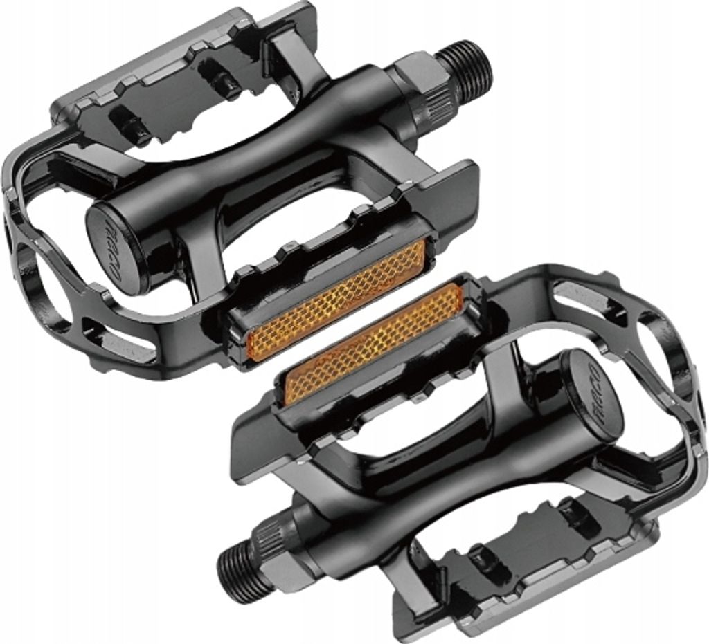 A pair of black bicycle pedals with orange reflectors, shown against a white background.