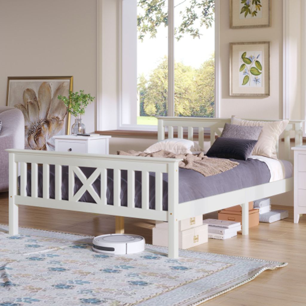 Holzbett Einzelbett Weiß 140x200cm (Ohne Matratze) aus Bettgestell mit Lattenrost Holzbett mit Kopfteil- Massivholz Kinderbett Jugendbett Kieferma...