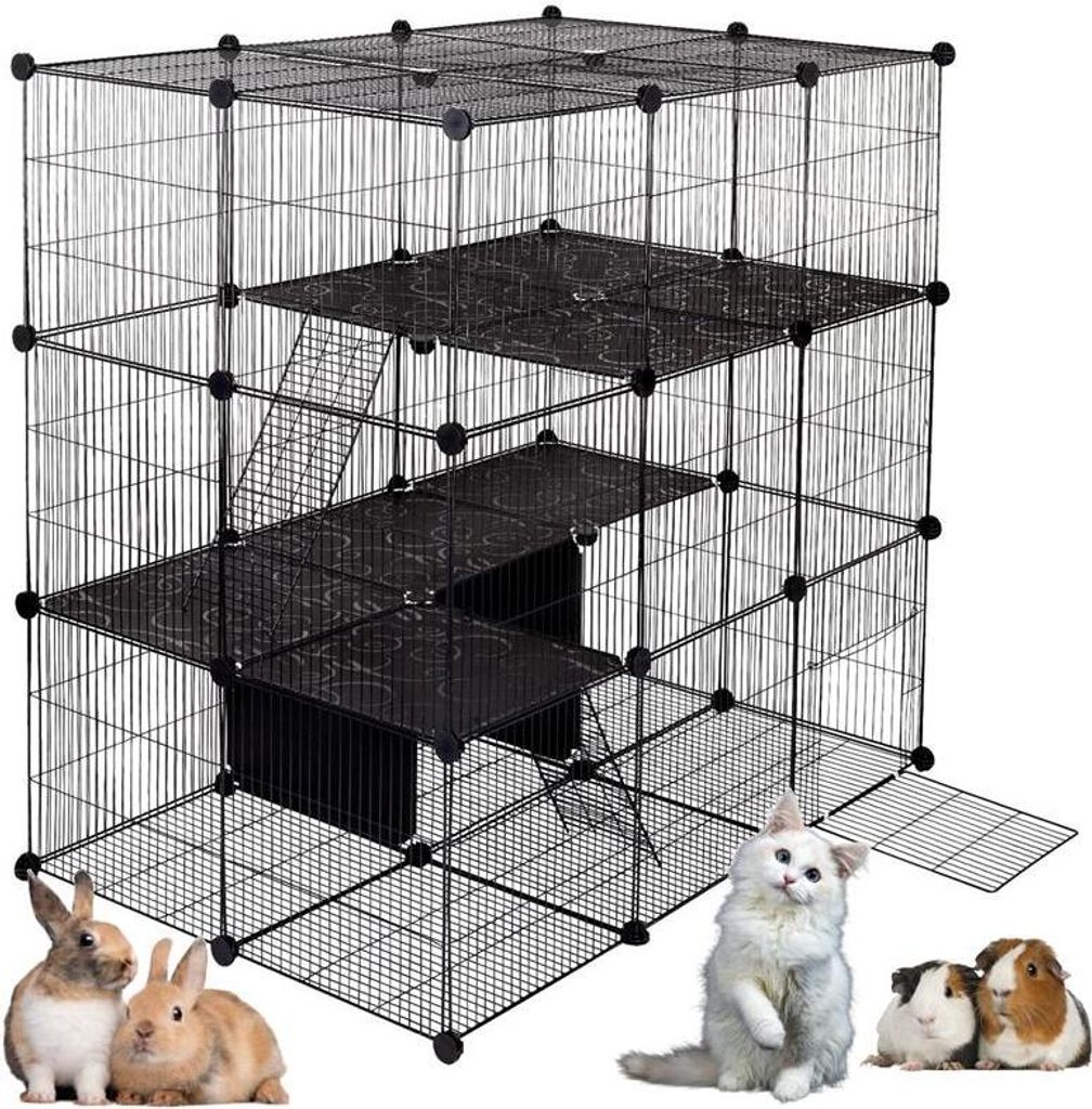A multi-level wire cage for small animals, with two rabbits, a cat, and two guinea pigs shown in the foreground.