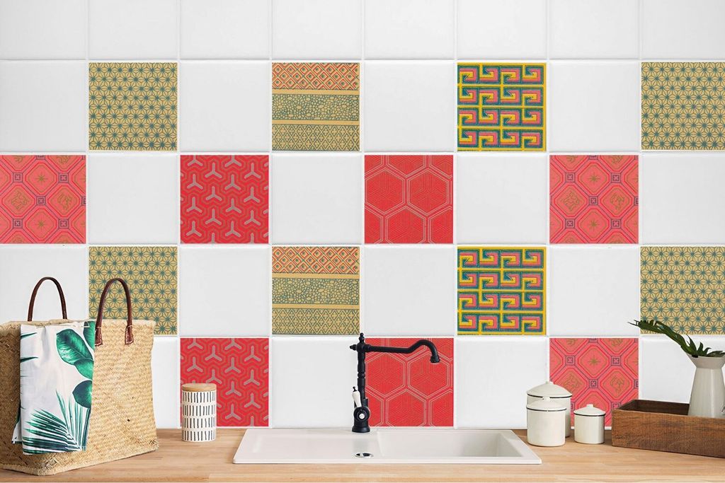 24 Stück Laminierter Sticker Aufkleber Küchen Wandfliesen Fliesenaufkleber Retro-Muster 20 x 20 cm