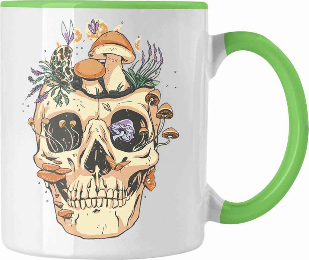 Trendation - Totenkopf Tasse Geschenk Pilzsammler Pilze Frauen Damen Tattoo Geschenkidee Grafik (Grün)