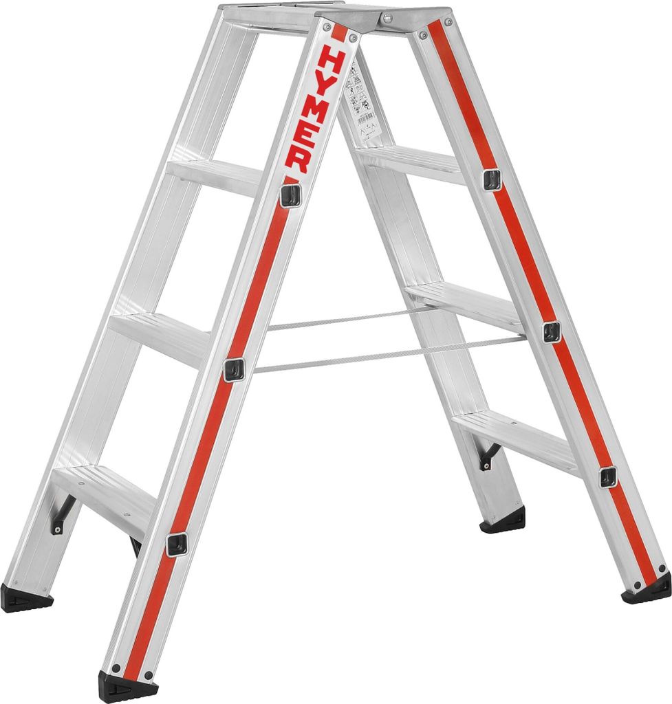 A silver stepladder with red accents against a white background.