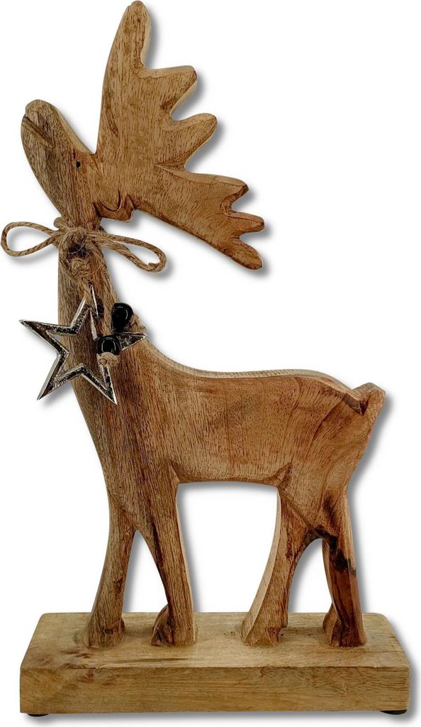 Mango-Holz und Metall Figur Rentier braun mit silber Stern Produktbild 