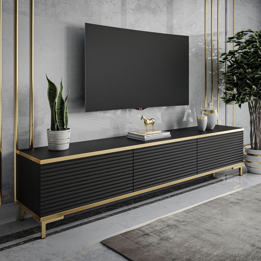 RTV Schrank OXFORD II 175 cm, Schwarz / schwarz matt + gold, Beine: Gold