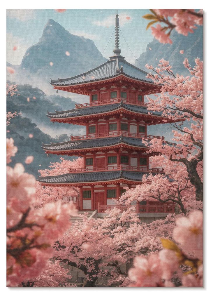 POSTER - 59x84 cm (A1) - Elena Rossi - Kirschbaumpagode Berge Romantische Atmosphäre - Wandbild für Wohnzimmer Schlafzimmer & Flur, Modernes Post...