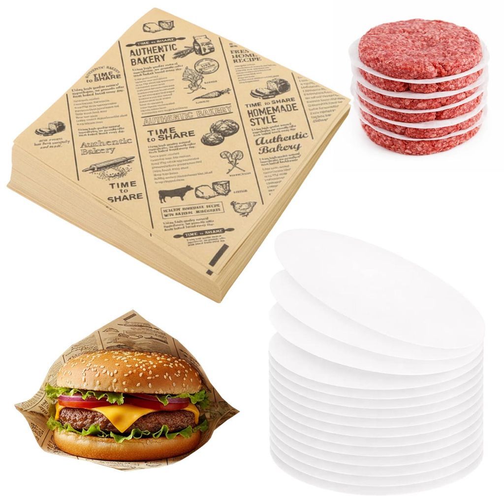 Set mit 200 Burgerpapieren: 100 x dickes Papier im Stil von Backpapier + 100 x Trennpapier – Wasserfestes Verpackungspapier und Buffetzubehör f...