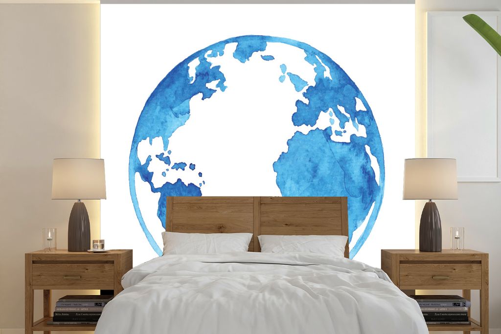 MuchoWow Fototapete für Wohnzimmer oder Schlafzimmer Wandtapete Vinyl Motivtapete Aquarell - Globus - Blau - 300x300 cm - Wanddekoration