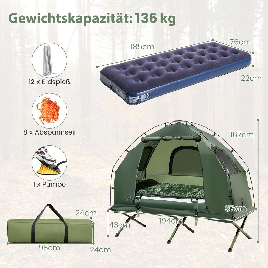 COSTWAY Feldbett mit Zelt, Campingbett mit Vorzelt, Produktbild 7