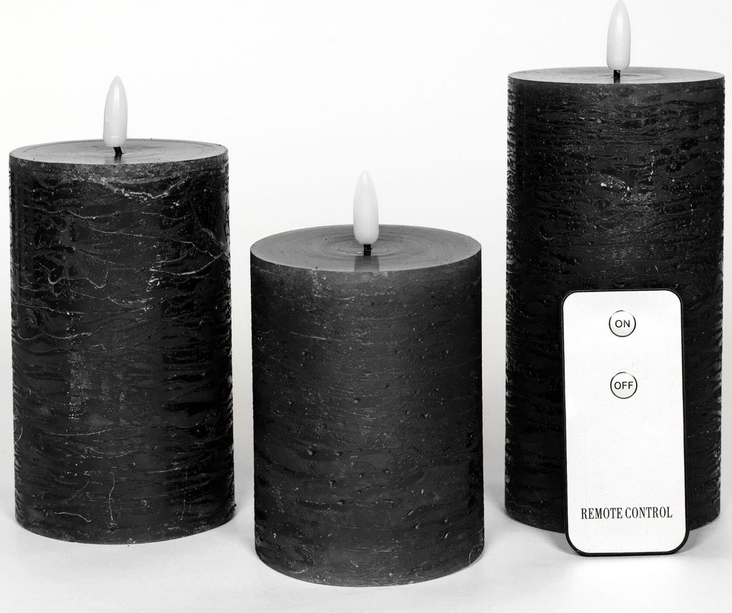 3er Set Led Kerzen 7,5cm ø Kerze flackernde Flamme mit Fernbedingung SCHWARZ 15 cm + 12,5 cm + 10 cm Höhe, LED Kerzen mit Timerfunktion, 3 AAA Ba...