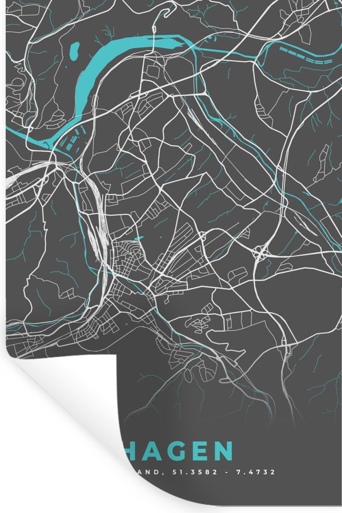 MuchoWow Wandtattoo Wandsticker Wandaufkleber Karte - Stadtplan - Hagen - Deutschland - Blau 60x90 cm Selbstklebend und Repositionierbar - Sticke...