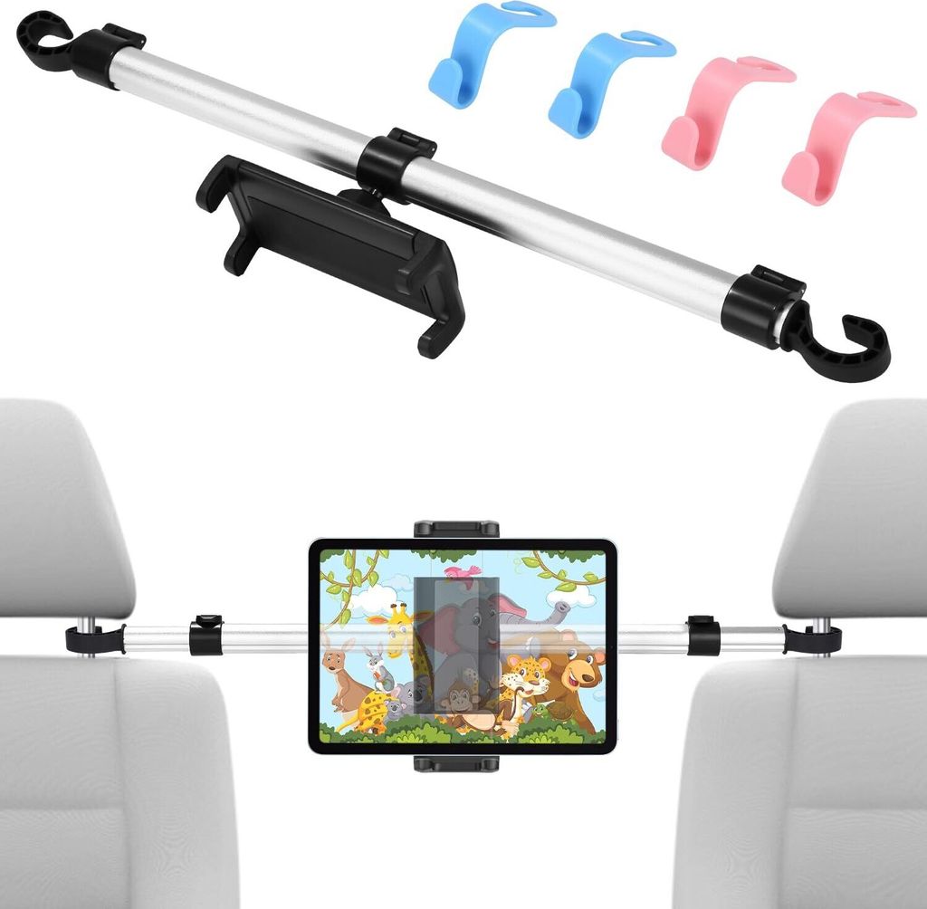 Metall-Tablet-Auto-Kopfstützenbefestigung, Anti-Shake-Gurt, 4 Autositz-Haken, universell verstellbare Auto-Tablet-Halterung für 4,5–13 Zoll iPa...