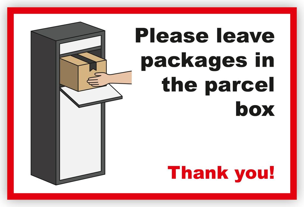 Aufkleber "Please leave packages in the parcel box" 28,6x19cm Hinweisschild für Paketbox auf Englisch R019
