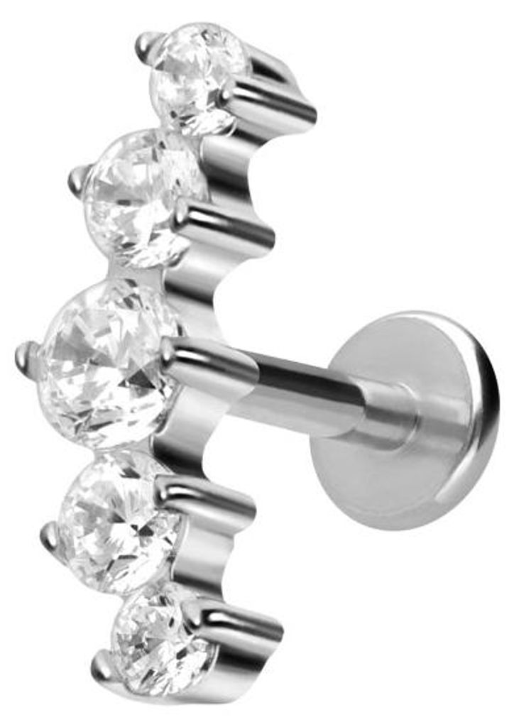 Ohrpiercing, Nasenpiercing Titan Labret mit Innengewinde 5 EINGEFASSTE KRISTALLE Silber Stablänge: 8mm | Stabstärke: 1,2mm