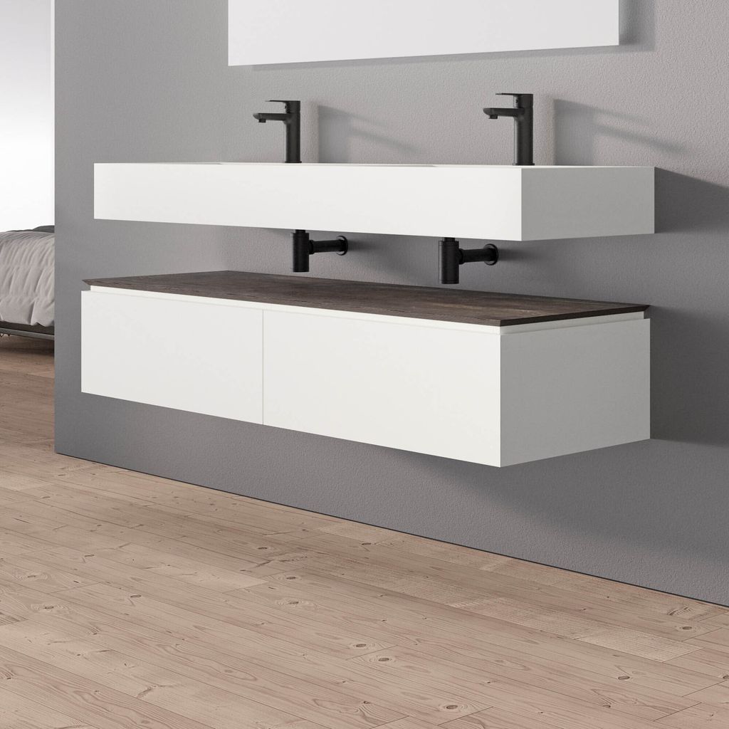 Badezimmer Sideboard Spring 150 cm Weiß matt in brauner Nachbildung-Optik - 150 x 30 x 50 cm