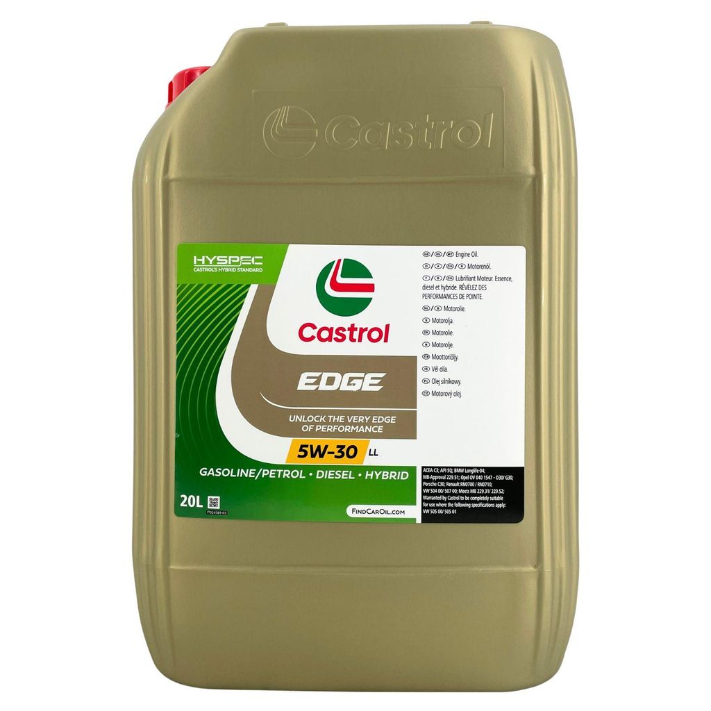 A 20-liter container of Castrol Edge 5W-30 LL engine oil.