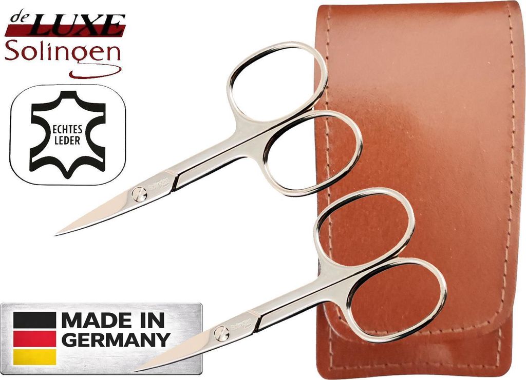 2x Solingen Nagelschere gehärteter Stahl – Extra scharf mit gebogener Schneide Echt-Leder Etui Braun