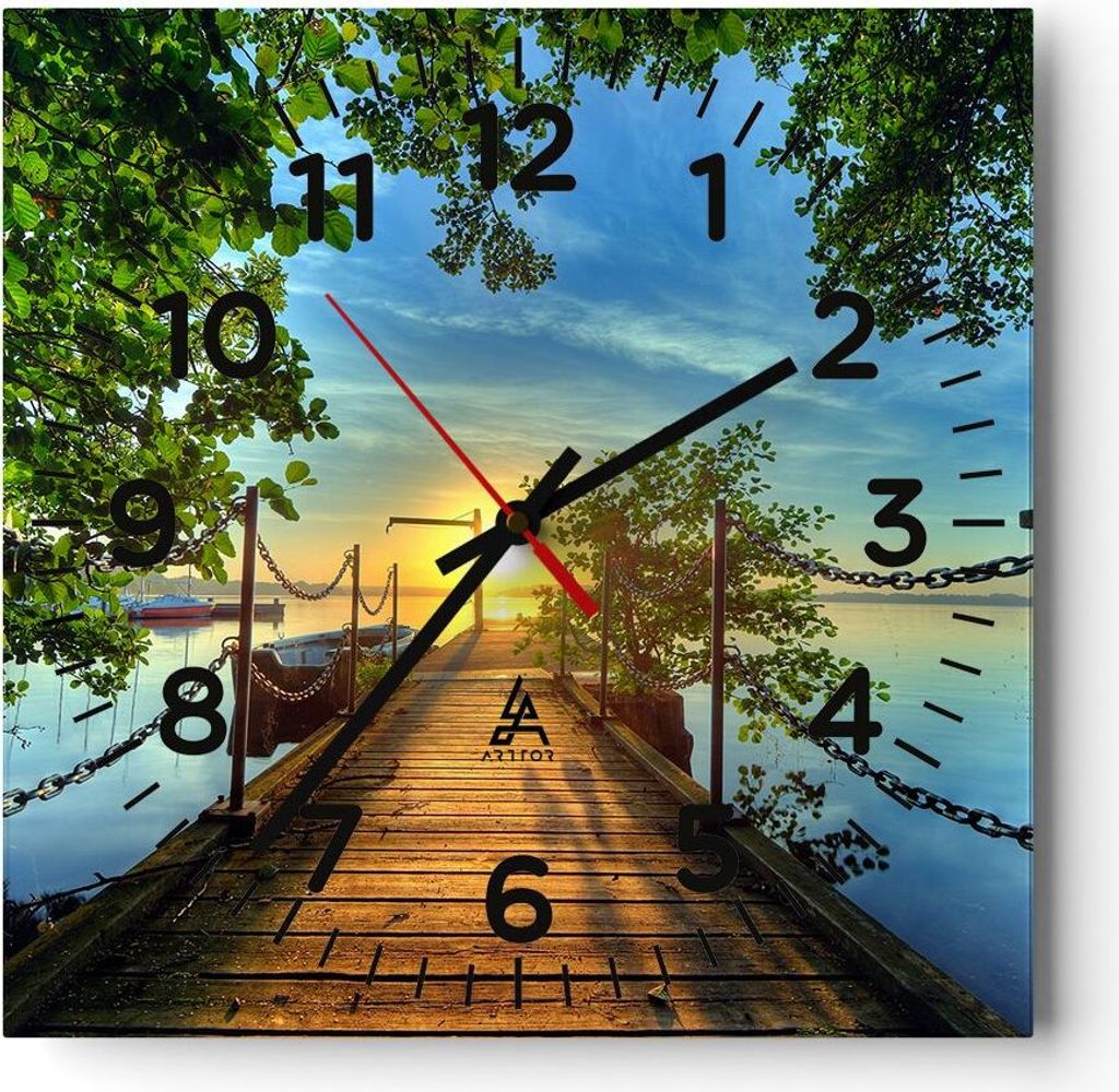 Wanduhr - Quadrat - Glasuhr - See Sonnenuntergang Boot Landschaft - 30x30cm - Schleichendes Uhrwerk - Lautlos - zum Aufhängen bereit - Dekoration ...