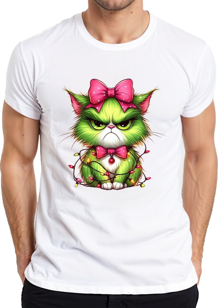 Weihnachtskatze grumpy Grün Schleife Lichterkette Geschenk Lustig Herren T-Shirt, Weiß, L