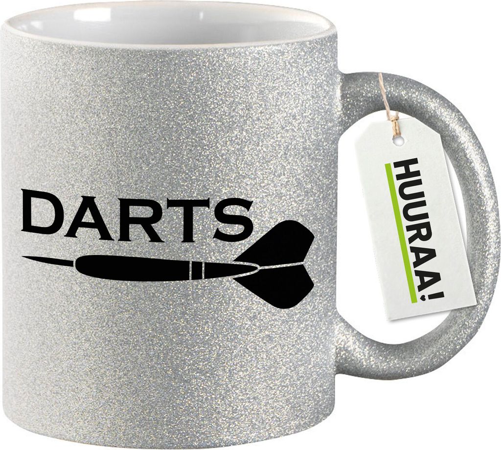 Huuraa Glitzertasse Darts Dartpfeil 330ml Silber Keramik Kaffeebecher Geschenkidee