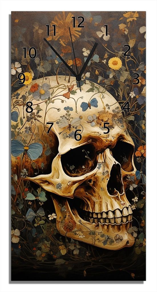 Wallario Design Wanduhr bedruckt, Größe 30 x 60 cm, Motiv: Vergänglichkeit im Blütenmeer