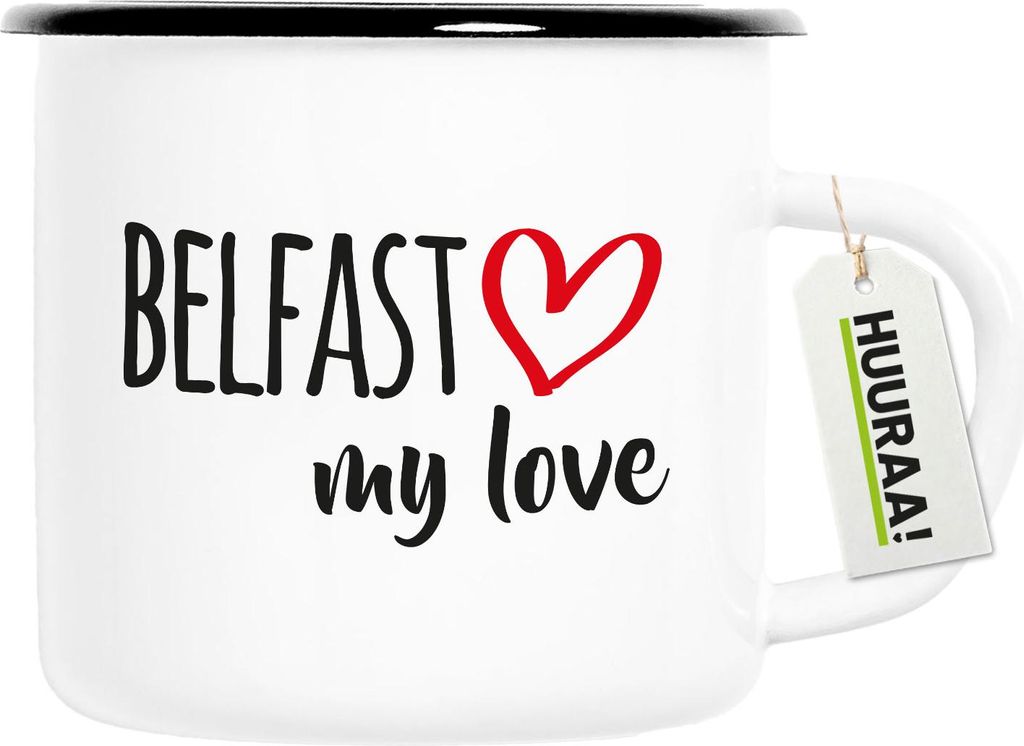 Huuraa Emaille Tasse Belfast my love 300ml Vintage Campingbecher Geschenkidee
