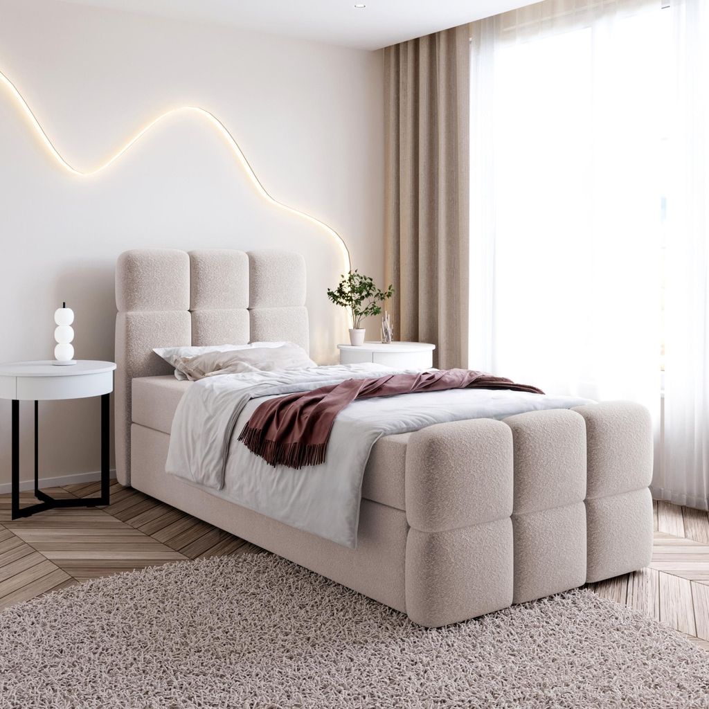 Einzelbett SELA MINI mit Bettkasten, Boxspringbett mit Bonellfederkern-Matratze und Bouclé-Stoff (80x200, Beige - Fredo 10, ohne topper)