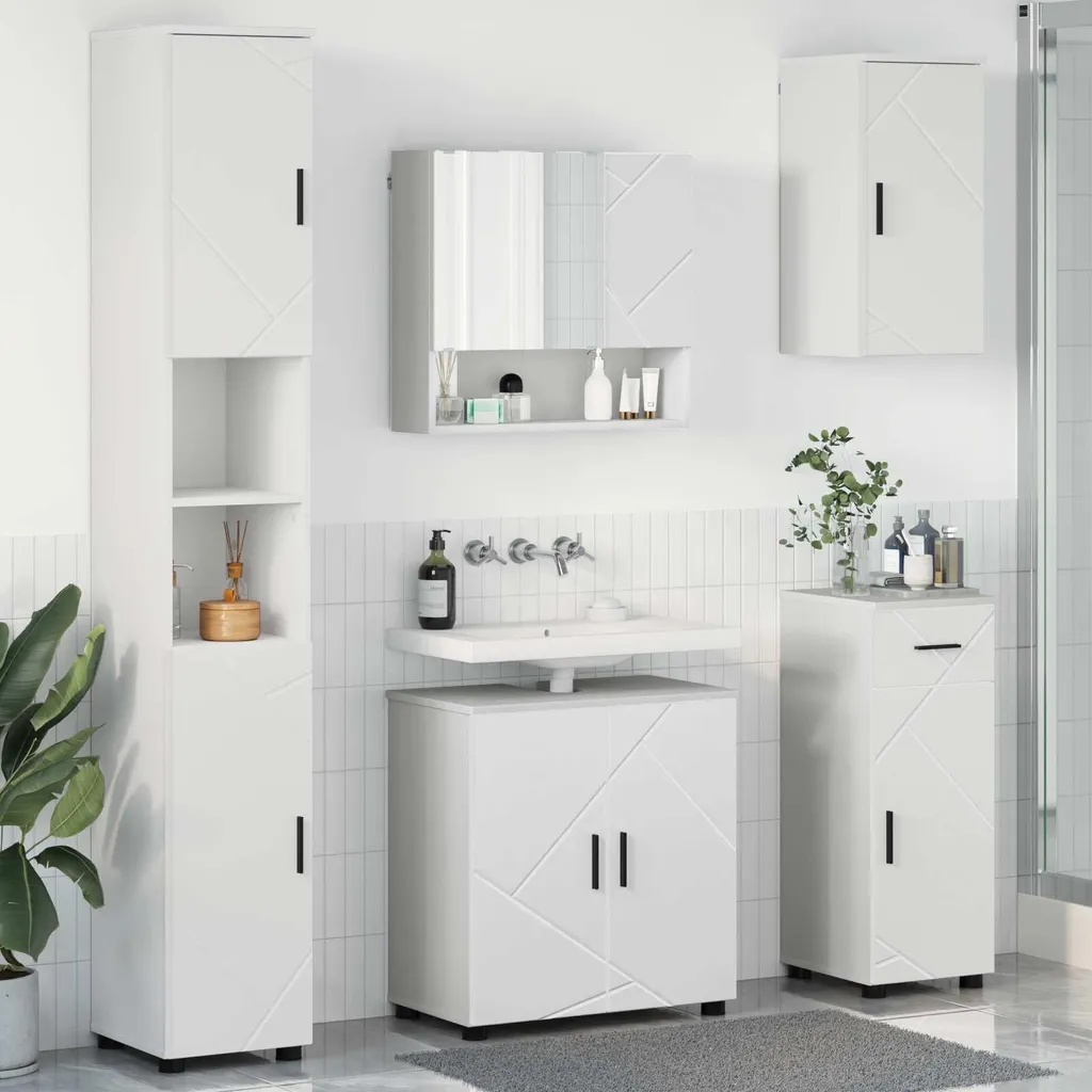 Solution Rangement Salle de Bain Ensemble 5 Pcs Blanc Bois et Métal