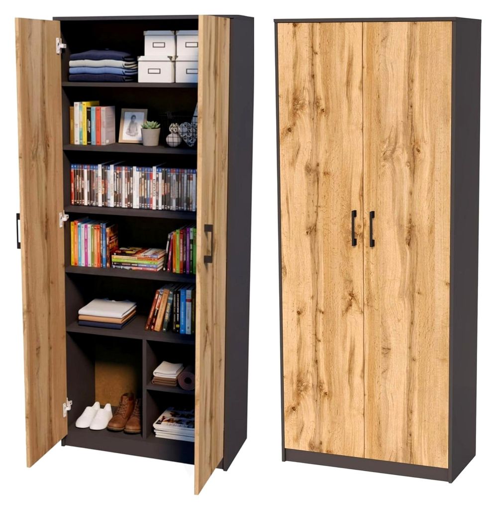 Mehrzweckschrank mit 8 Fächern und 2 Türen, 74 cm breit, in mattem Finish mit 6 Einlegeböden aus Laminatplatte und Polymergriffen in Graphit Eiche