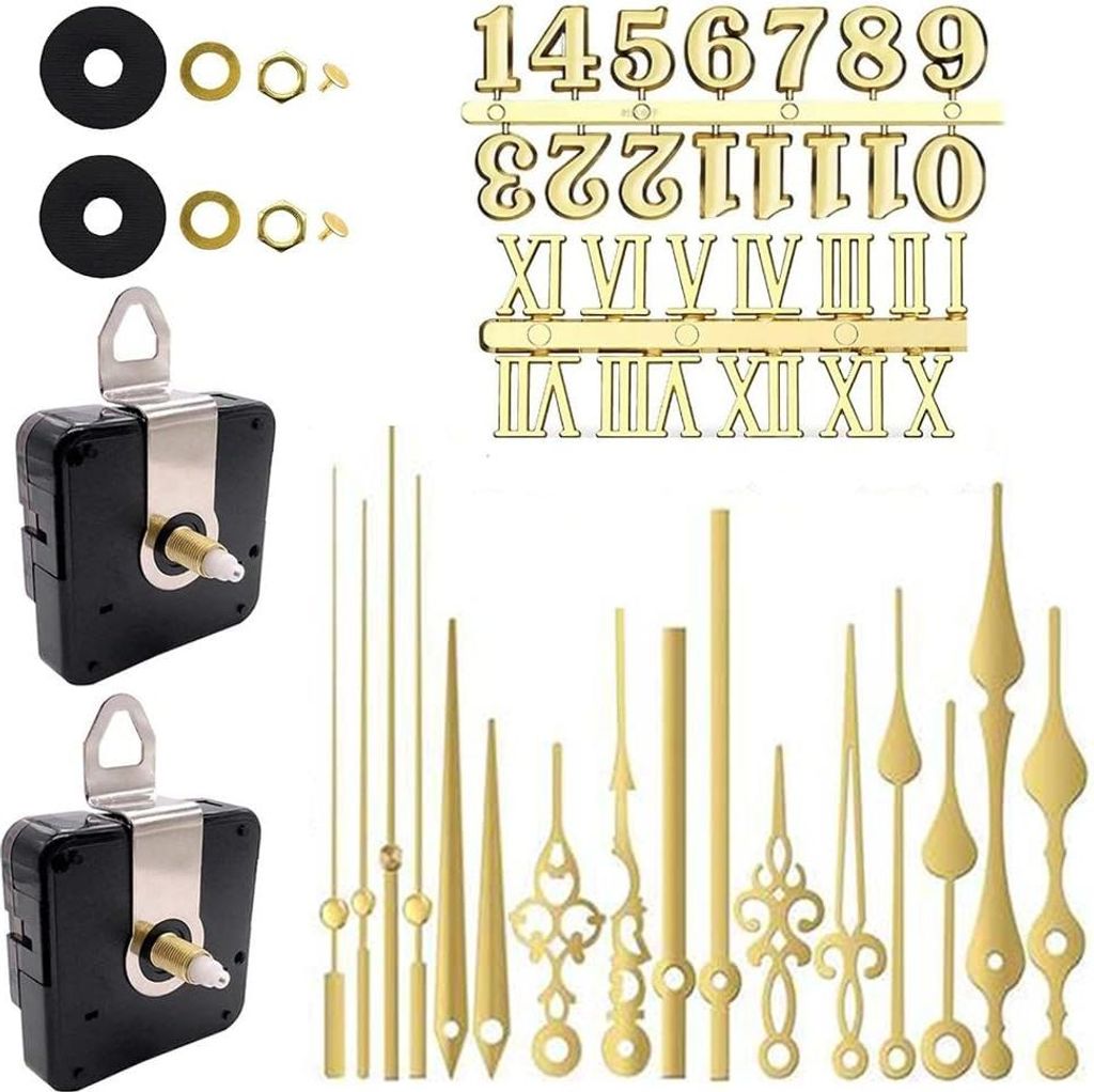 A collection of clock movement parts, including two clock movements, various clock hands, and numbers (Arabic and Roman numerals).