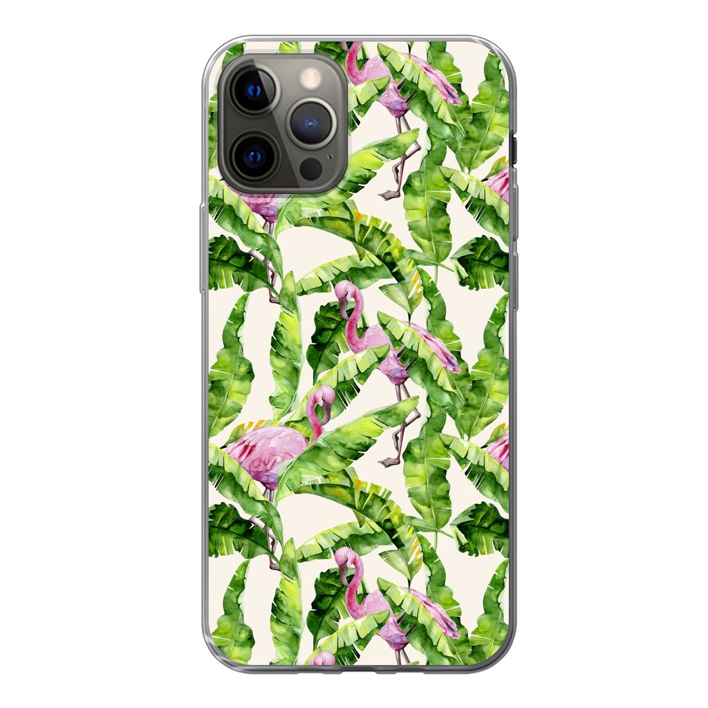 MuchoWow Handyhülle Schutzhülle Hülle für iPhone 13 Pro Flamingo - Blätter - Muster Silikon Softcase Handy Hülle - Handy-Tasche