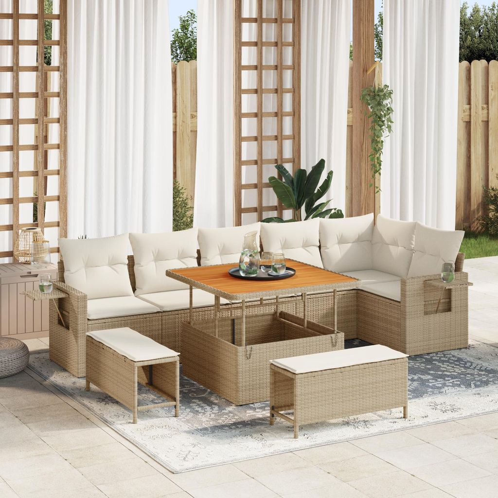 9-teiliges Garten-Sofa-Set mit Kissen Beige Poly-Rattan Akazie, Design Möbel Gartensofas Neu