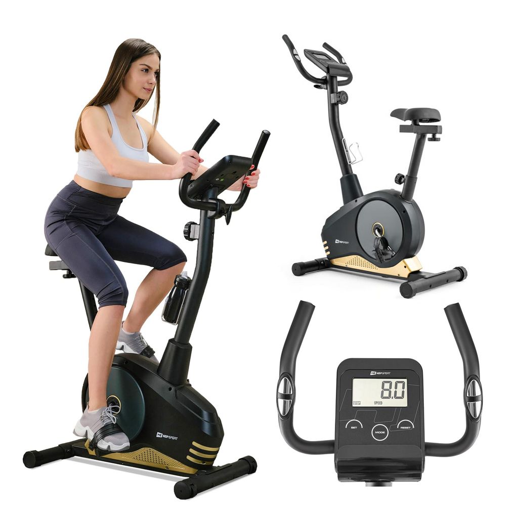 Hop-Sport Heimtrainer Fahrrad Spark Gold für Zuhause - magnetischer Hometrainer mit verstellbarem Sitz & Lenker, Pulssensoren, LCD-Display - bis 1...