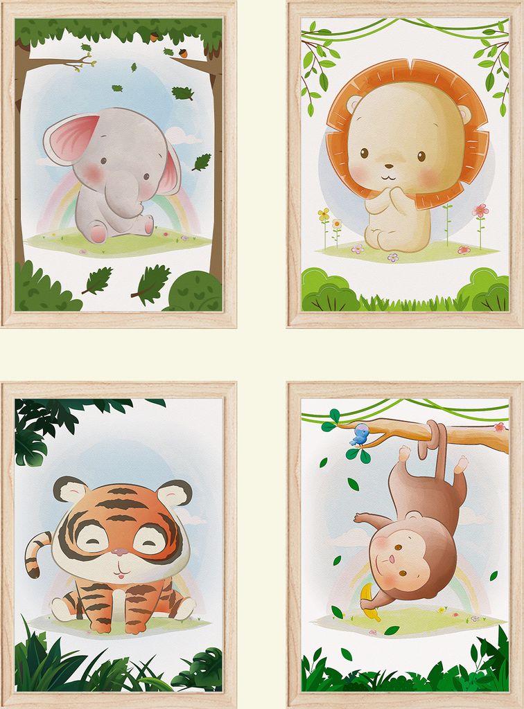 Elefant Löwe Tiger Affe Safari Tiere Bilder 4er Set DIN A4 Kinderzimmer Wandbilder Babyzimmer Poster Dekoration