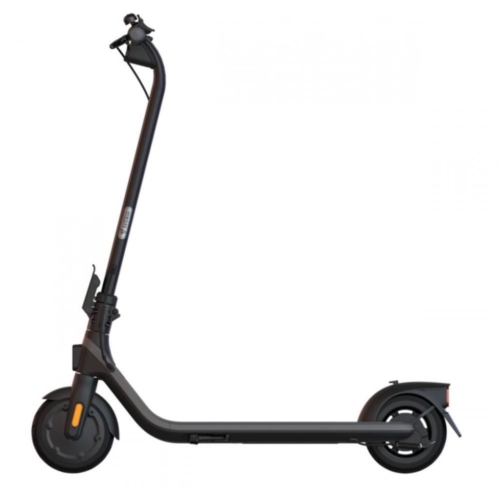 A black electric scooter is shown in profile against a white background.
