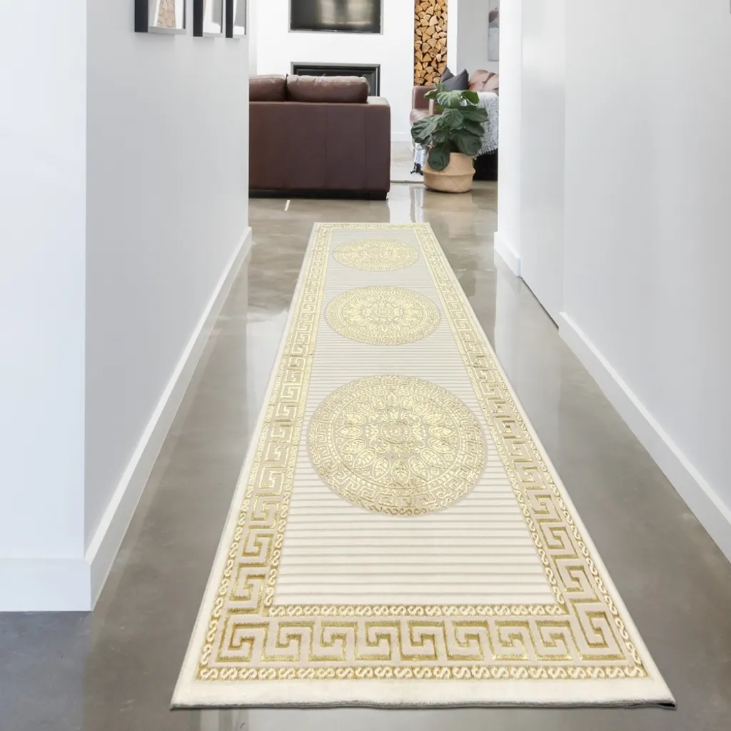 Grand tapis de décoration orientale blanc et or 80x300 cm pour intérieur