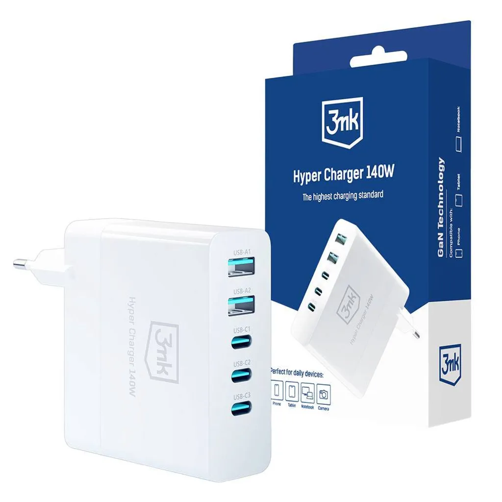 3mk Hyper Charger GaN 140W 3x USB-C 2x USB-A - bianco - 7