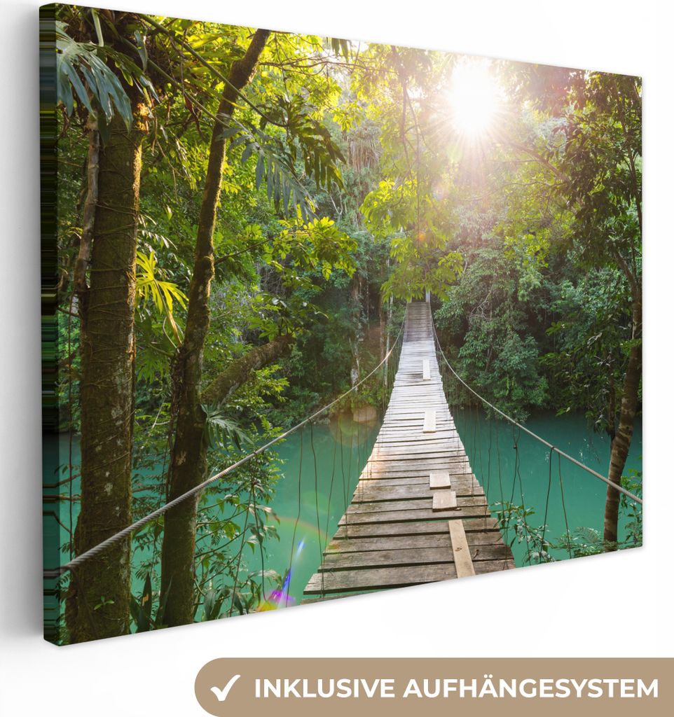 MuchoWow - Leinwandbilder - Dschungel - Wasser - Brücke - Natur - Pflanzen, Wandbild, Wanddeko Bilder Wohnzimmer, 80x60 cm